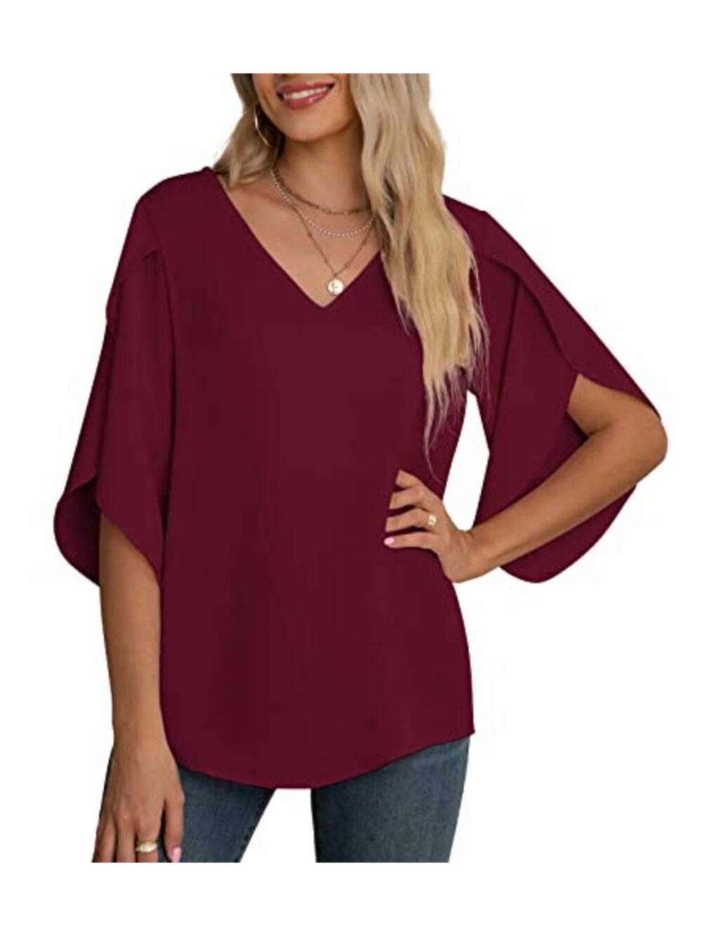 Women's Casual 3/4 Sleeve Ruffle Chiffon Blouse V-Neck